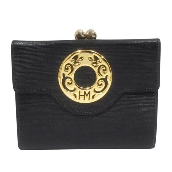 Hanae Mori black textured leather gold logo vintage compact wallet - Picture 1 of 11